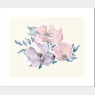 Watercolor of pink and purple flowers over blue background Posters and Art